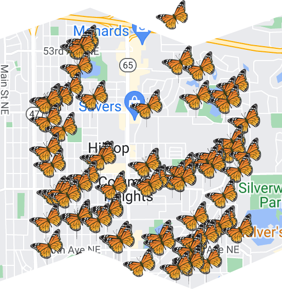 A map of monarch butterfly habitats in Columbia Heights, MN
