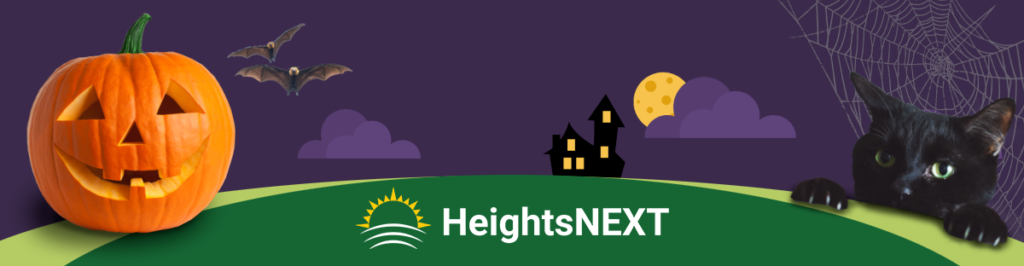 Halloween illustration including a jack o'lantern, bats, haunted house, full moon, a black cat, and a spider web.