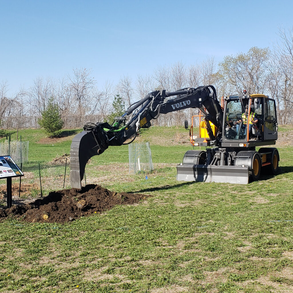 Columbia Heights Public Works uses an excavator to create trenches for underground water lines in Łomianki Park.