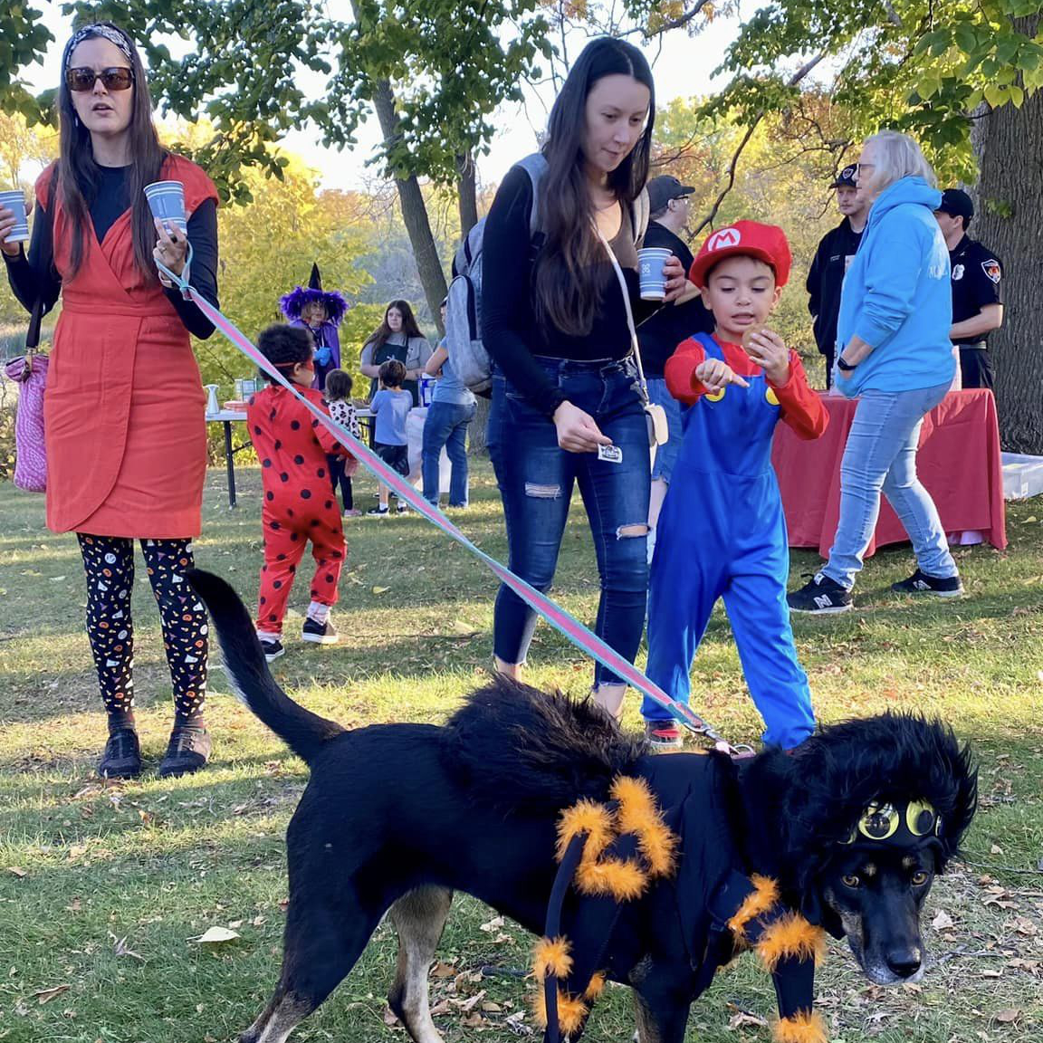 A dog in a costume is admired by a boy in a Mario costume.